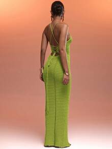 MUSERA 钩针编织露背吊带束身胸衣拼接系带长裙，夏季度假性感伊比沙岛风情，适合春季海滩度假、秋季夜晚外出、秋冬季约会之夜，时尚毛衣 - 橄欖綠 - 查看 3