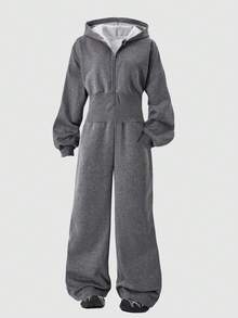 SHEIN ChillGRL 女童白色和灰色连帽拉链休闲运动卫衣和高腰羊毛裤套装 - 深灰色 - 查看 4