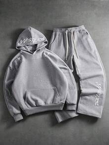 PAVTROS Men Hoodie Co-Ords,Men's Streetwear,Baggy,Brand,I Love My Boyfriend,Graphic,Boyfriend,Men's Hooded Sweatshirt Set With Structural Line Splicing, Foam Print, And Star Pattern. - Light Grey - View 1