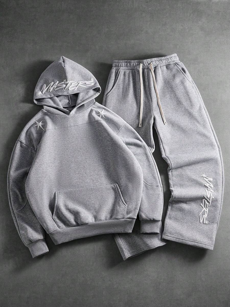 PAVTROS Men Hoodie Co-Ords,Men's Streetwear,Baggy,Brand,I Love My Boyfriend,Graphic,Boyfriend,Men's Hooded Sweatshirt Set With Structural Line Splicing, Foam Print, And Star Pattern. - Light Grey - View 1