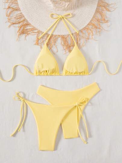 Swim Basics Conjunto de 3 piezas de traje de baño de unicolor para vacaciones, conjunto de bikini amarillo, conjunto de traje de baño amarillo, conjunto de bikini modesto, conjunto de bikini con lazos