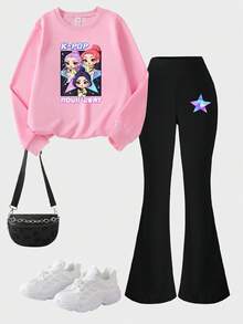 SHEIN 可爱的 Chibi K-Pop 女子组合图案 T 恤 - 鲜艳的色彩和动感的姿势，短袖休闲圆领 T 恤，适合音乐会、休闲装、春夏季，舒适时尚，适合休闲旅行、节日、派对 - 彩色 - 查看 2