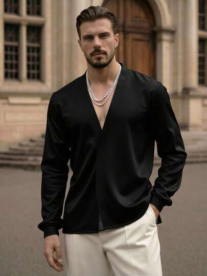 HIMLAND Men's Asymmetric Collar Woven Taffeta Shirt, Suitable For Festivals, Weddings, Parties, Music Festivals Night Silk Shirt Satin