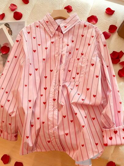 Chiquease French-Style Fashionable Casual Versatile Loose-Fitting Slimming Shirt Collar Pink Striped Top Heart Print Long-Sleeved Shirt Women's Outdoor Wear New Spring Shirt Women's Valentine's Day Outfit Summer Top Women's Casual Wear Pink Women's Shirt Red Women's Shirt Pink Shirt Women's Shirt Striped Shirt Heart Shirt Long Sleeve Shirt Pink Striped Shirt Heart Print Shirt Casual Shirt Women's Button-Up Shirt Button-Down Shirt