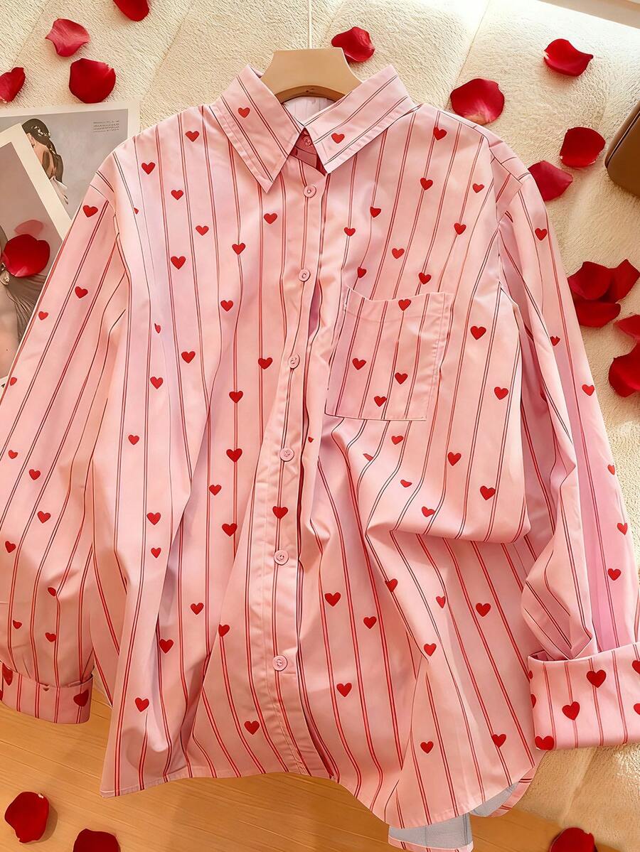 Chiquease French-Style Fashionable Casual Versatile Loose-Fitting Slimming Shirt Collar Pink Striped Top Heart Print Long-Sleeved Shirt Women's Outdoor Wear New Spring Shirt Women's Valentine's Day Outfit Summer Top Women's Casual Wear Pink Women's Shirt Red Women's Shirt Pink Shirt Women's Shirt Striped Shirt Heart Shirt Long Sleeve Shirt Pink Striped Shirt Heart Print Shirt Casual Shirt Women's Button-Up Shirt Button-Down Shirt - Pink - View 1
