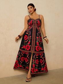 Travachic 大码女式黄色热带植物印花连衣裙，吊带露腰连衣裙，长款连衣裙，秋季连衣裙 - 黑色 - 查看 7