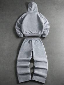 PAVTROS 男士休闲时尚街头风连帽卫衣，带字母刺绣、袋鼠口袋和保暖内衬，搭配星形图案抽绳阔腿运动裤套装，秋冬款 - 灰色 - 查看 4