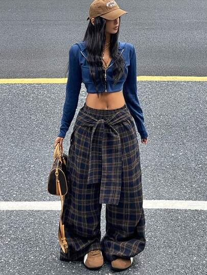 Coolane 女士休闲格子腰带阔腿编织裤，秋季款