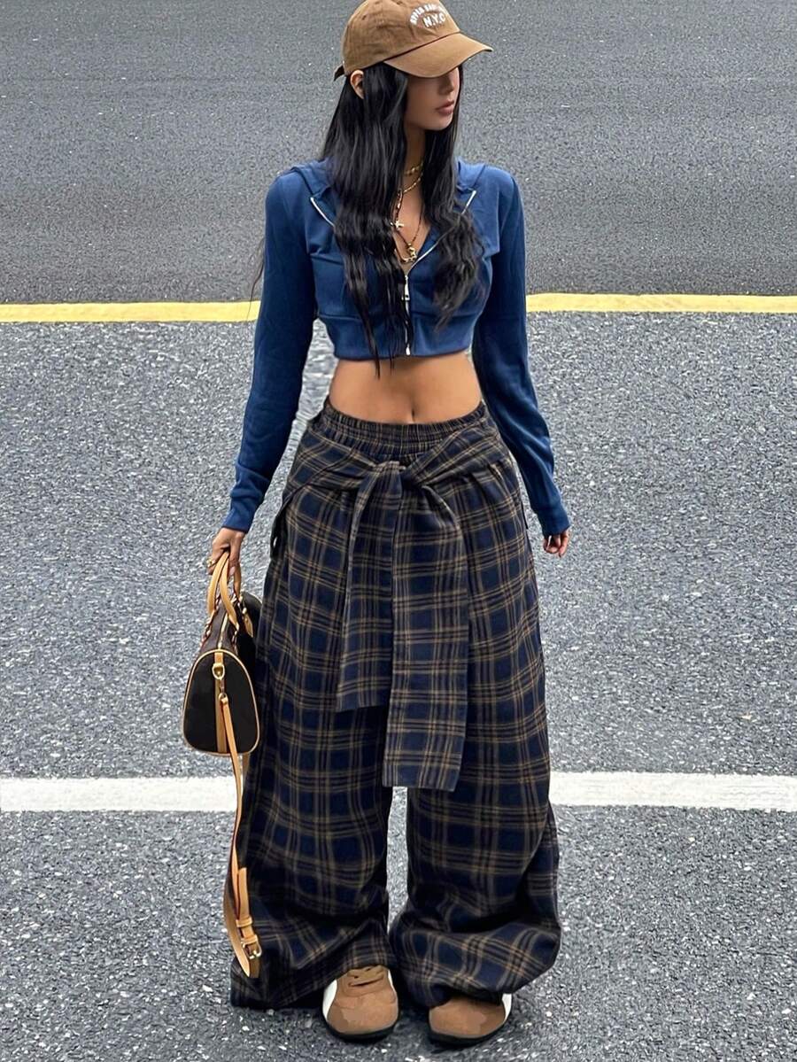 Coolane 女士休闲格子腰带阔腿编织裤，秋季款 - 彩色 - 查看 1