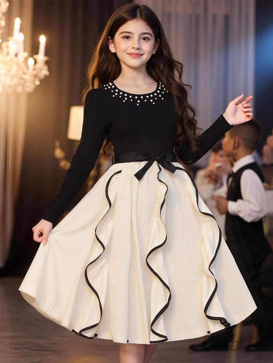 SHEIN Teen Girl Fashion Color Block Ribbon & Pearl Collar Dress