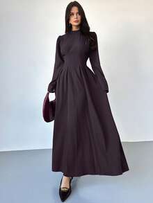 Firerie Women's Elegant Solid Color Pullover Short Sleeve Minimalist Loose Fit Spring/Summer Dress With Bow Tie Back Design, Versatile For Office And Commute,Fashion New Year, Valentine's Day, Party, Spring,Autumn/Winter Burgundy,Spring Dress,New Year, Valentine's Day, Party, Spring Ball,Valentine's Day,Valentine Outfits For Women