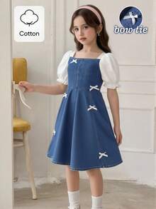 Tween Girls' Summer Casual Fashionable Dress, White Textured Bow Decor, Puff Sleeves, Denim Patchwork, Suitable For Summer Back To School, Sweet & Lovely Lady-Like Daily, Vacation, Travel, Photo Shoot Fall Winter - Multicolor - View 3