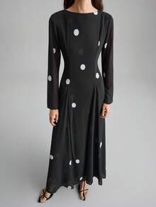 Ontre 2026春夏女士长款波点连衣裙，黑白配色，适合派对和情人节穿着，A字版型，收腰设计，长袖，圆领，休闲时尚，商务休闲，通勤穿着，显瘦，都市日常穿搭，简约优雅，百搭长裙 - 黑色 - 查看 5