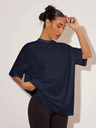 SHEIN BASICS Women's Casual Solid Color Loose Fit Drop Shoulder Short Sleeve T-Shirt, Summer