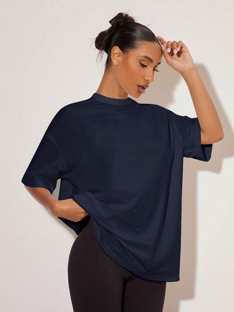SHEIN BASICS 女士休闲纯色宽松落肩短袖T恤，夏季 - 藏蓝色 - 查看 1