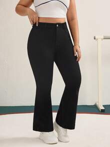 SHEIN Essnce Plus Size Solid Color Elastic Elegant & Fashionable Flare Leg Jeans - Blue - View 6