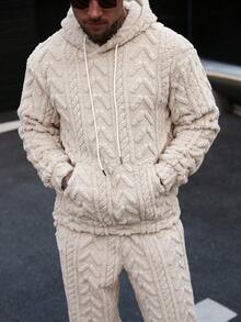 Manfinity CasualCool Men's Casual Plush Hoodie Set, Autumn/Winter Mens Knitted Set Mens Co Ord Set Cream Outfit Men Mens Fleece Set Men 2 Piece Set - Apricot - View 8