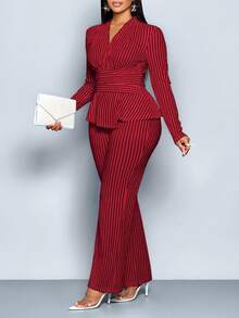 SOLERSUN 大码女装秋冬优雅条纹V领长袖T恤和阔腿裤两件套，不对称下摆两件套，休闲日常穿着，女装冬装女装秋装，包裹性，扭纹，腰带，黑白条纹提花纹理面料，日常穿着，通勤，购物 - 紅色 - 查看 1