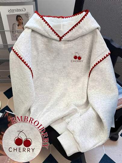 Resyla Women's Plus-Size Sweatshirts/Cherry Letter Embroidery/Casual And Simple Fashion Sweatshirts/Embroidery Crafts/Fashionable Tops/Cartoon Sweatshirts/Retro Winter Sweatshirts/Autumn And Winter Super Loose Plus-Size Round Neck Long-Sleeved Hoodies/Women's Spring Pullovers, Fashionable Sweatshirts, Women's Lace Contrast Hoodies, Long-Sleeved Tops, Autumn And Winter Hoodies
