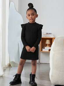 SHEIN 女童纯色圣诞休闲短袖长袖连衣裙