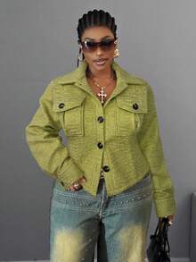 Maweii Plus Size Women's Pocket French Retro High Collar Cinched Waist Jacket - Green - View 1