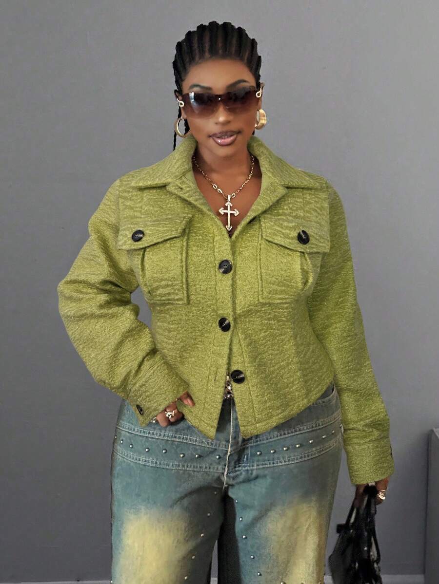 Maweii Plus Size Women's Pocket French Retro High Collar Cinched Waist Jacket - Green - View 1