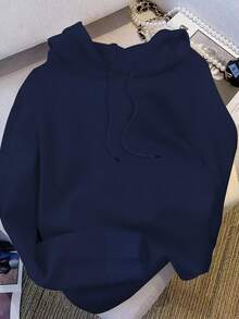 EMERY ROSE Women's Minimalist Casual Hooded Long Sleeve Sweater, Versatile For Autumn/Winter - Navy Blue - View 3