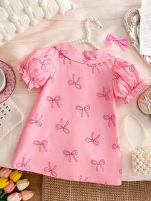 Souflis Souflis 女婴彼得潘领泡泡袖A字衬衫裙，蝴蝶印花，甜美可爱，夏季新款 - 粉色 - 查看 2