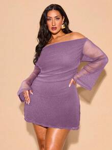 SHEIN Tall CURVE Váy chữ A tay chuông nhún bèo lấp lánh hở vai thanh lịch cỡ lớn dành cho nữ, váy dự tiệc ngắn gợi cảm cho lễ tốt nghiệp, đám cưới, dạ hội, dạ hội, váy tốt nghiệp - Bụi tím - Xem 4