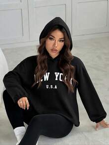 SHEIN EZwear 女士新款字母刺绣连帽衫和加厚打底裤两件套，秋冬季保暖套装 - 黑色 - 查看 5