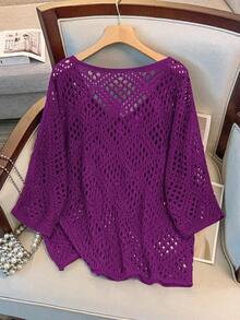 GlowEve CURVE Suéter de punto con mangas 3/4 y calado para mujer de talla grande - Morado - Ver 2