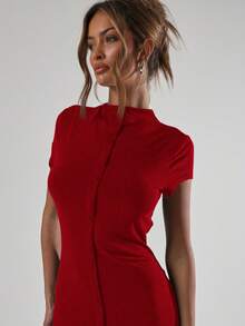 MUSERA Mock Neck Button Through Fitted Short Sleeve Cute Maxi Dress Summer Vacation Holiday Night Out Wedding Guest Elegant Date Long Graduation - Red - View 5