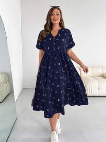 SHEIN Essnce Plus-Size Women's Baby Dress, Loose Dress, Summer Short-Sleeved Dress, Loose And Comfortable Plus-Size Clothing, Printed Dress,Vacation Dress Casual Dresses For Woman Homecoming Dress Casual Dress Church Dresses For Women Casual Dress Teacher Outfits Plus Size Bubble Skirt Fall Outfits Women,Work Dress Going Out Dress Casual Dresses - Navy Blue - View 4