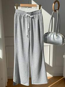 Comfortcana 女士休闲日常通勤撞色蕾丝纸袋腰宽松阔腿运动裤 - 灰色 - 查看 5