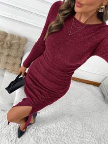 SHEIN Clasi Women's Solid Color Round Neck Long Sleeve Side Slit Ruched Hem Fitted Mid-Length Dress - Burgundy - View 4