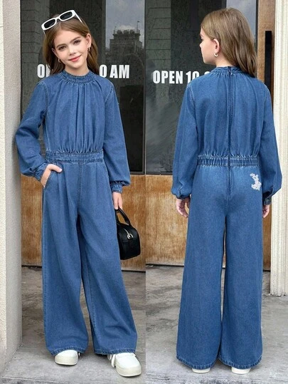 SHEIN 青少年女孩蓝色牛仔布领口荷叶边长袖连体裤