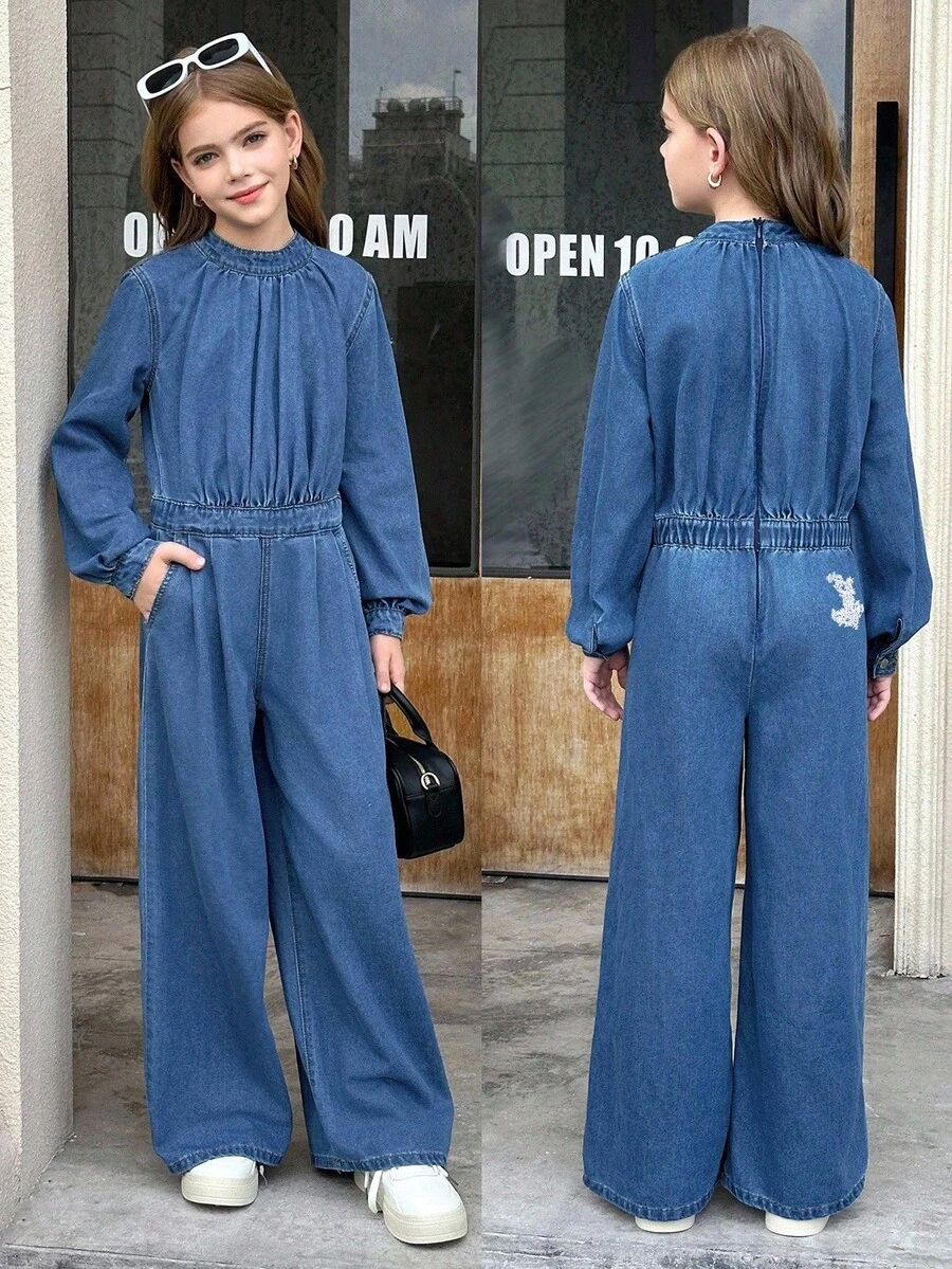 SHEIN Tween Girls Fashionable Soft Crew Neck Long Sleeves Blue Denim Jumpsuit Overalls,Loose Baggy Casual Jeans For Summer School Back-To-School Outfits - Dark Wash - View 1