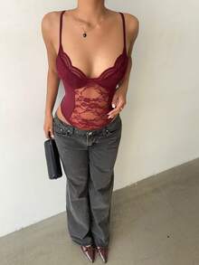 Aloruh Solid Color Spaghetti Strap Sexy Lace Bodysuit For Women,Bodysuits For Women Maroon Top Wine Red Top Burgundy Top Dark Red Top,Bodysuits For Women,Valentine's Day - Burgundy - View 6