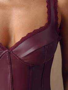 SHEIN BAE 秋冬季纯色酒红色弹力PU吊带背心，女士文胸，酒红色胸罩上衣，女士背心吊带，秋冬季打底吊带，派对鸡尾酒会