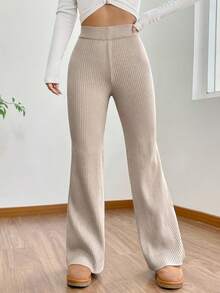 SHEIN EZwear High Waist Flare Leg Khaki Knit Pants In Fall/Winter - Apricot - View 3