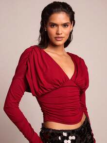 Glamine Women's Sexy Ruched V-Neck Long Sleeve Fitted Cropped Long Sleeve T-Shirt - Burgundy - View 3