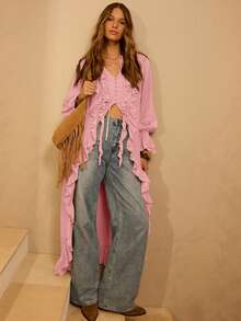 Aralina 冬季长袖荷叶边前开襟长款波西米亚风开衫连衣裙 - 淺粉色 - 查看 3