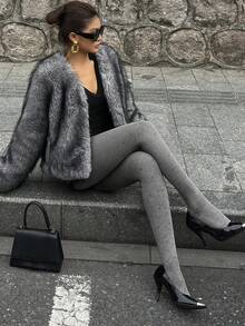 DAZY Sheer Black Tights, Leg Slimming Effect, Thermal Lined, Opaque Look, Thick Footless Tights For Autumn/Winter - Grey - View 3