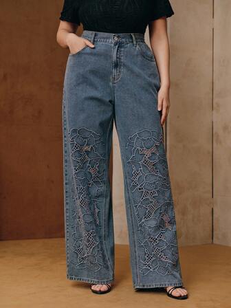 Anewsta Calça Jeans Reta Larga de Cintura Alta Moda Plus Size Bordada e Vazada