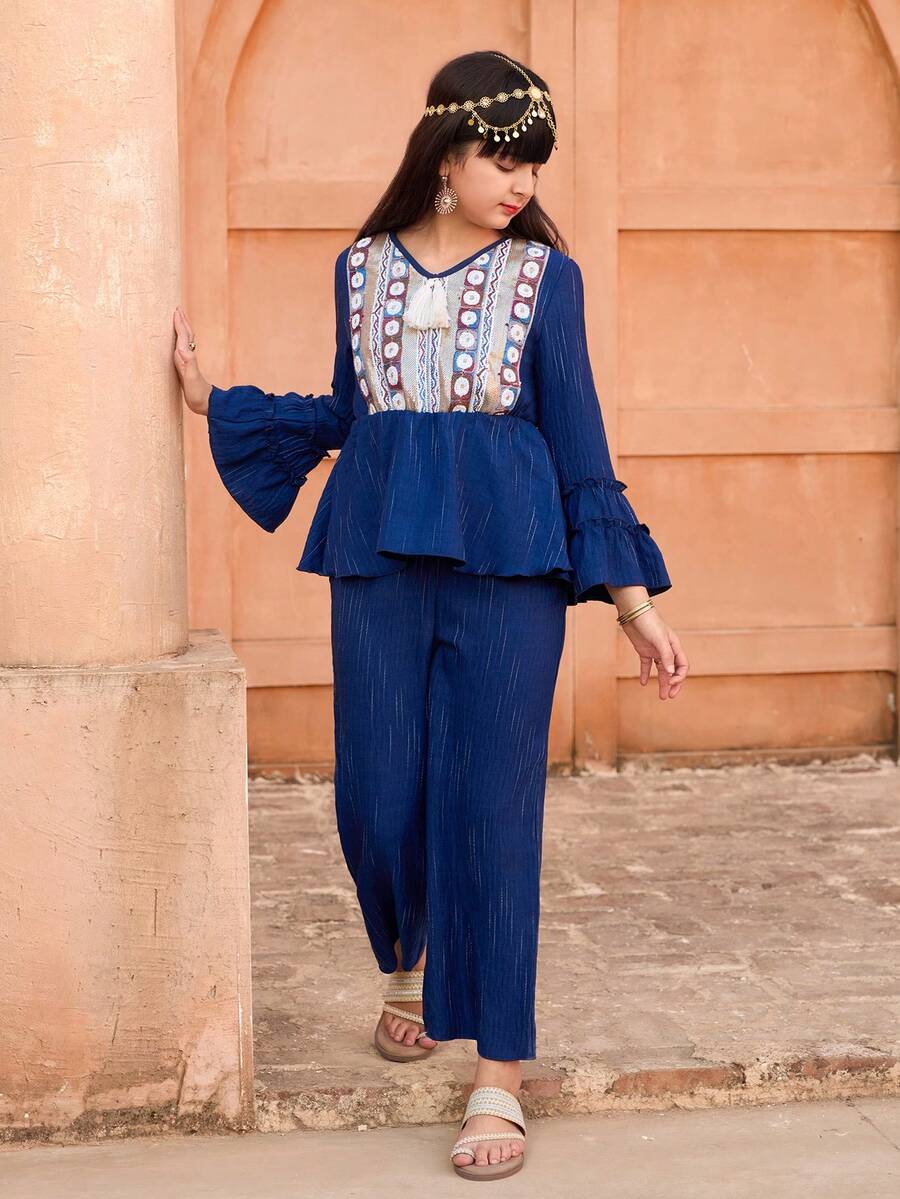 Tween Girl Spring/Autumn Vacation Style Woven Strap Decor Tassel V-Neck Flare Sleeve Peplum Top & Wide Leg Pants Set Abaya - Blue - View 1