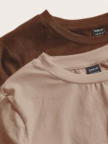 Tseoso 2pcs Women's Brown Khaki 95% Cotton Crew Neck Casual Fitted Long Sleeve T-Shirt Set, Suitable For Autumn/Winter - Multicolor - View 3