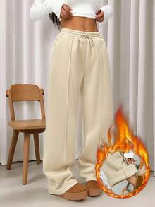 SHEIN EZwear Women Fall Khaki Pebble Seam Detail Straight Leg Sweatpants Graduation,Back To School Outfits,Graduation,Teacher Outfits For Women,Back To School - Khaki - View 7