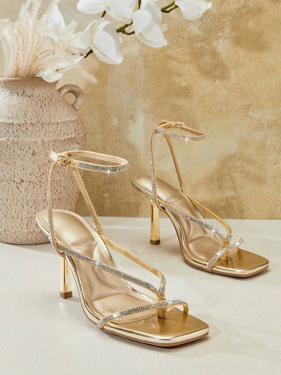 SHUZIA Sandales à talons hauts à bout carré avec bandes de strass en forme de croix pour femmes - Doré - Voir 1