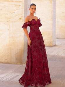Glamrae Váy dạ hội trang trọng dài đến đầu gối xếp nếp cổ tròn bằng vải organza jacquard màu đen thanh lịch và sang trọng - Màu Đỏ Sâu - Xem 5