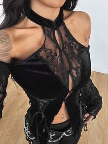 Coolane Women's Fall/Winter All-Season Y2K Goth Chic Rave Lace Stretchy Comfortable Halloween Out Fits Long Sleeve Black Top - Black - View 3